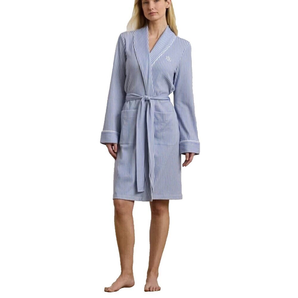 Lauren Ralph Lauren Blue Striped Interlock Shawl-Collar Robe Medium Womens